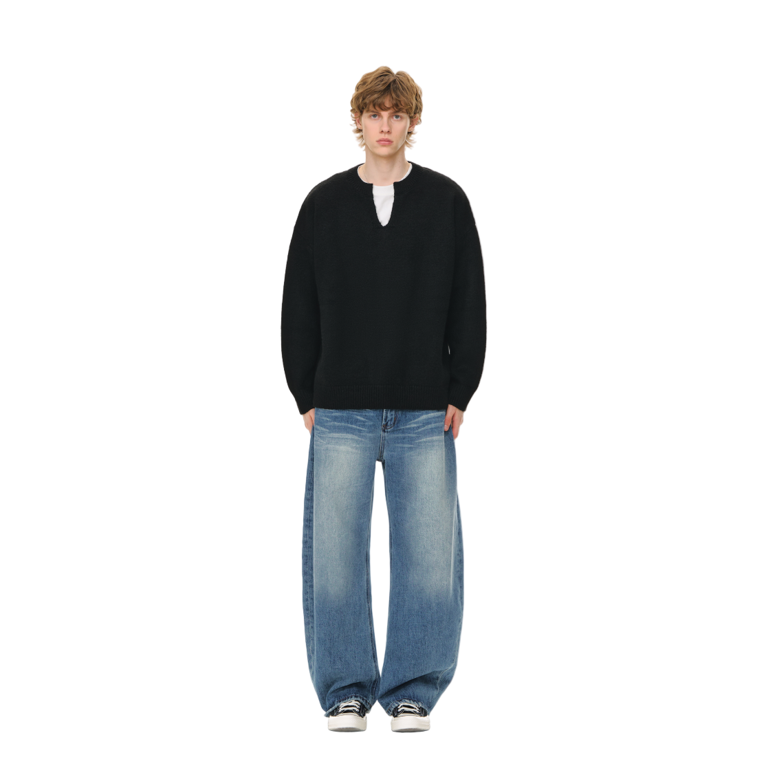 Black Simple Lazy Style V-Neck Wool Blend Sweater