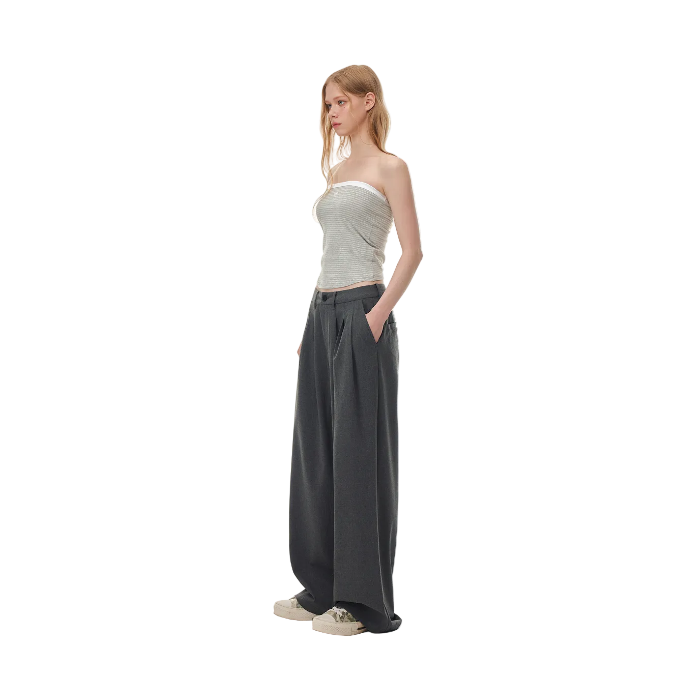 Dark Gray 3D Cut Pleated Straight Leg Suit Trousers