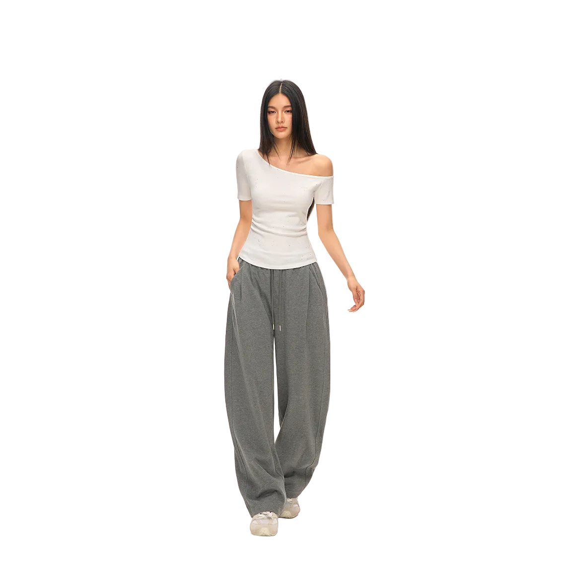 White White Cross Flower Rhinestone Asymmetrical Off-Shoulder Short Sleeve