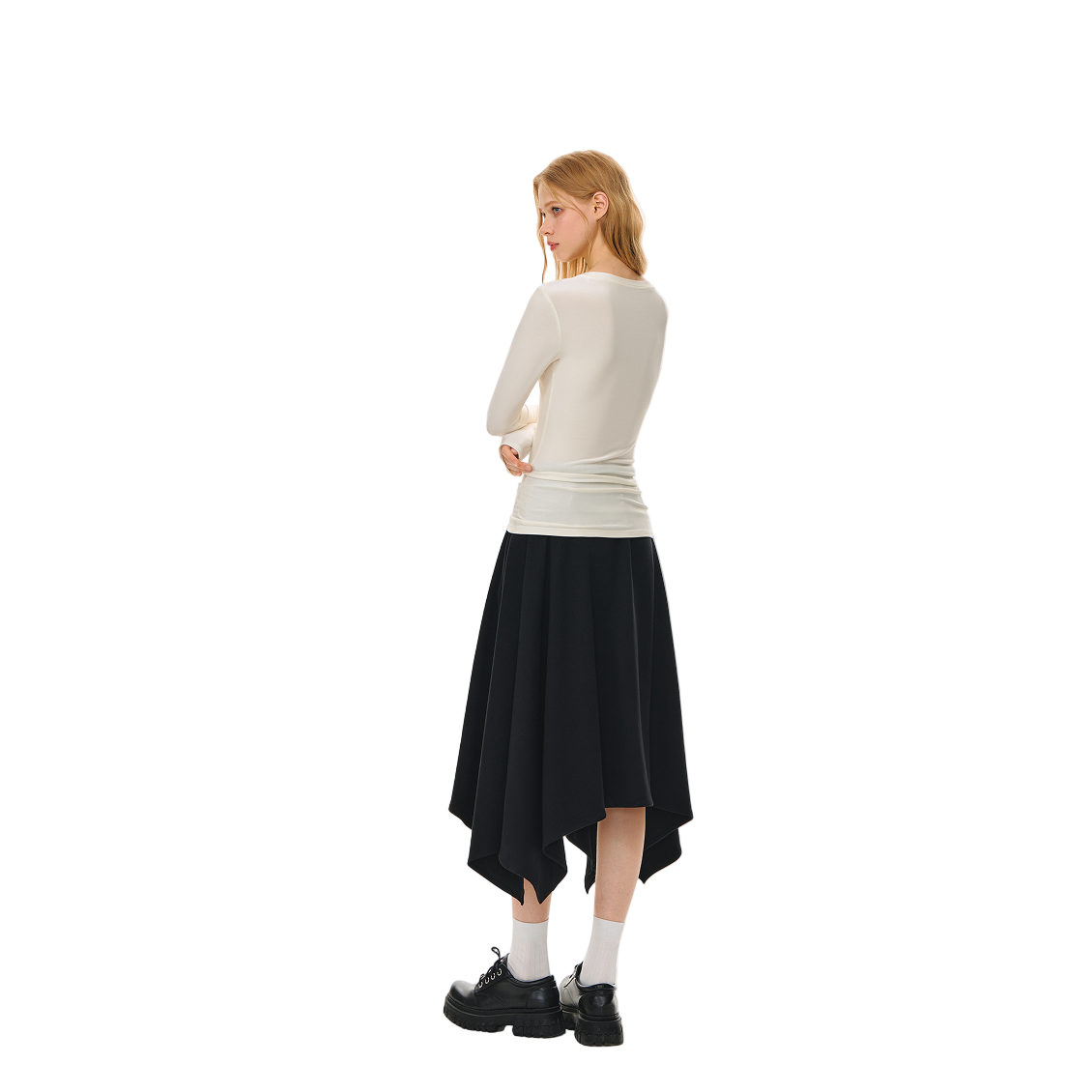 Irregular Cut Elastic Drawstring Pocket Midi Dress In Black