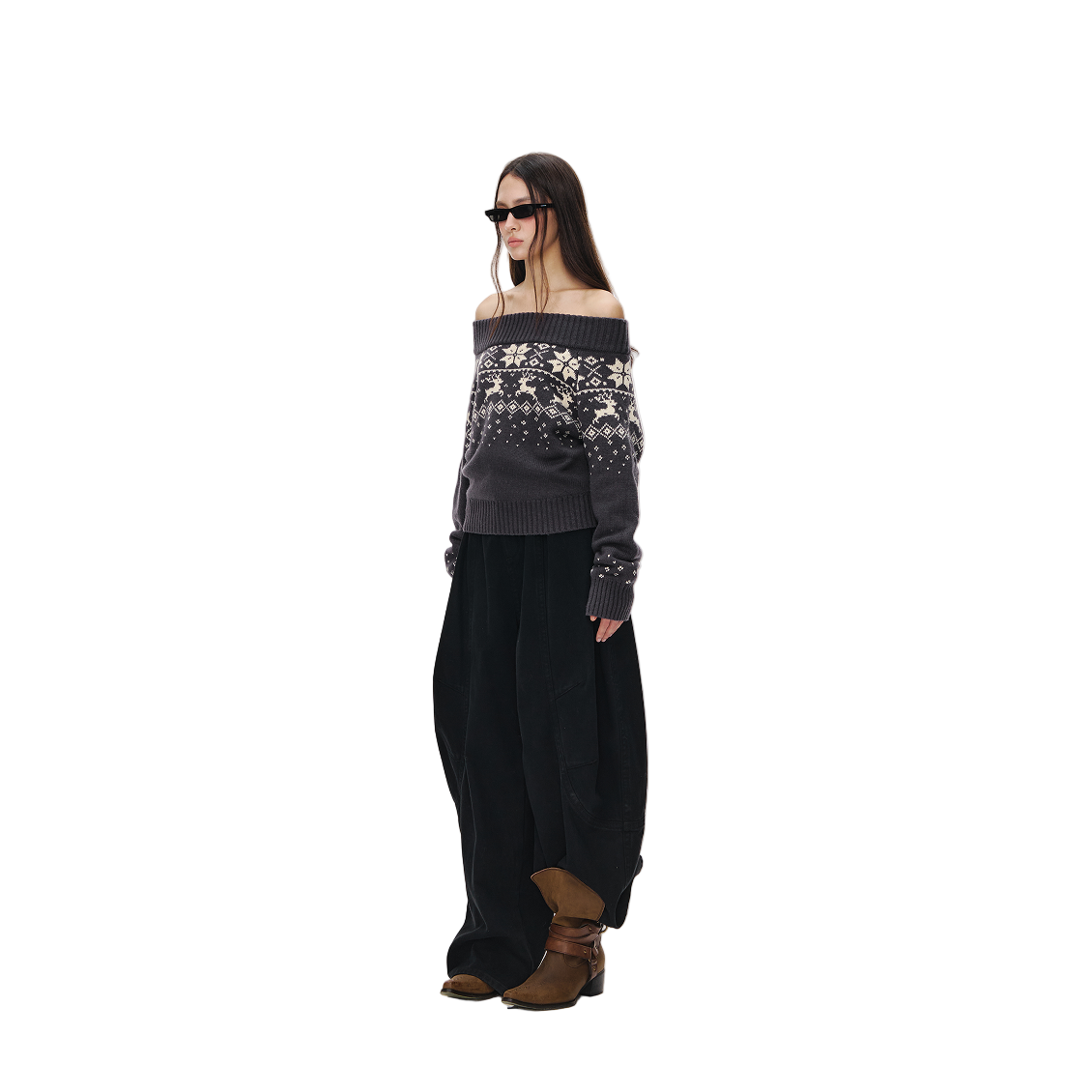 Dark Grey Off-Shoulder Fair Isle Australian Wool Jacquard Pullover Sweater