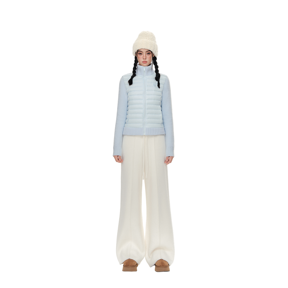 Blue Faux Mink Fur Knitted Patchwork Stand Collar Rib Down Jacket