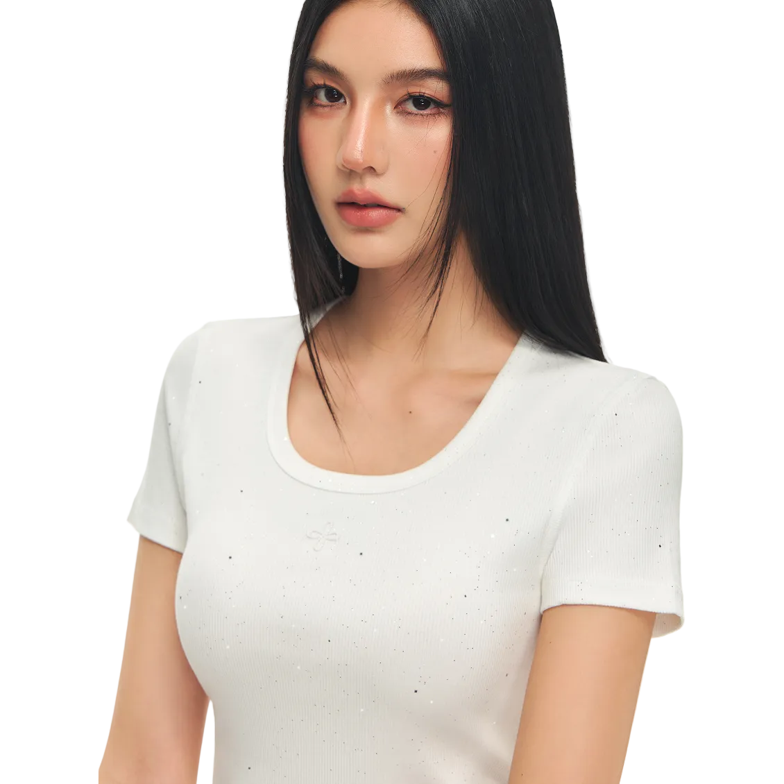 White Cross Flower Rhinestone Elastic U-Neck T-shirt