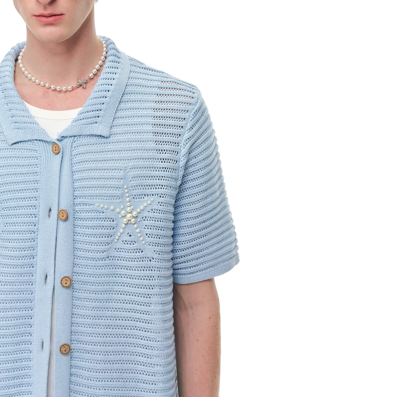 Blue Resort Seashell Beaded Hollow-Out Shirt