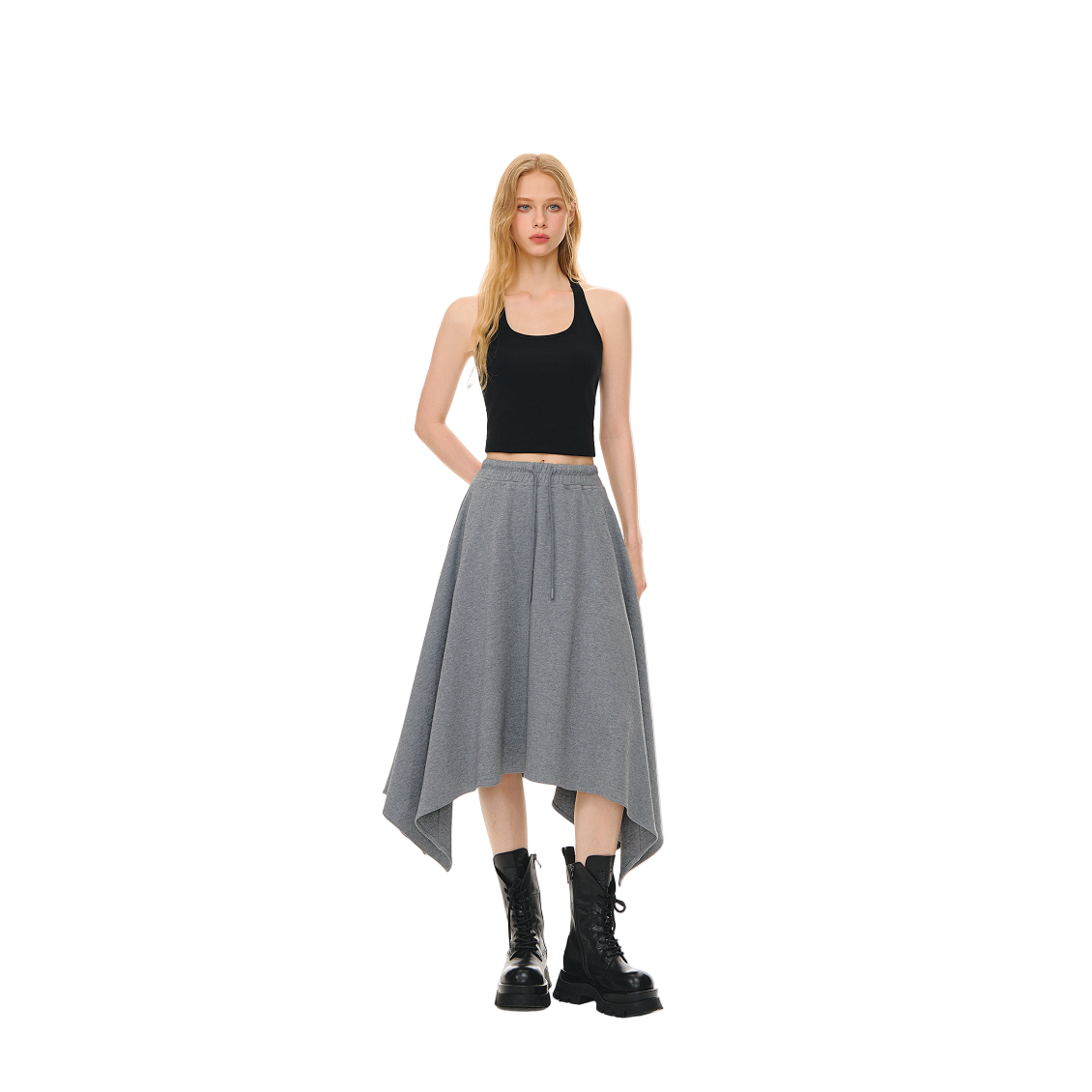 Irregular Cut Elastic Drawstring Pocket Midi Dress In Gray
