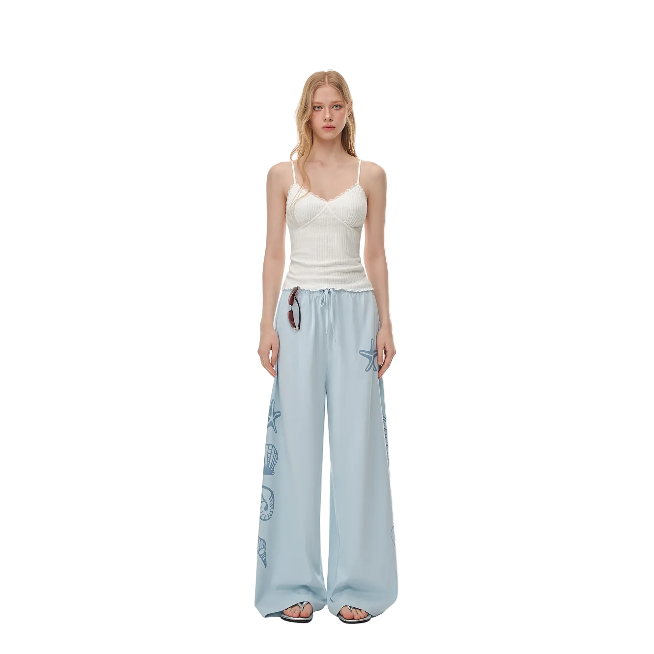 Blue Resort Style Shell Ocean Tencel Cotton Trousers