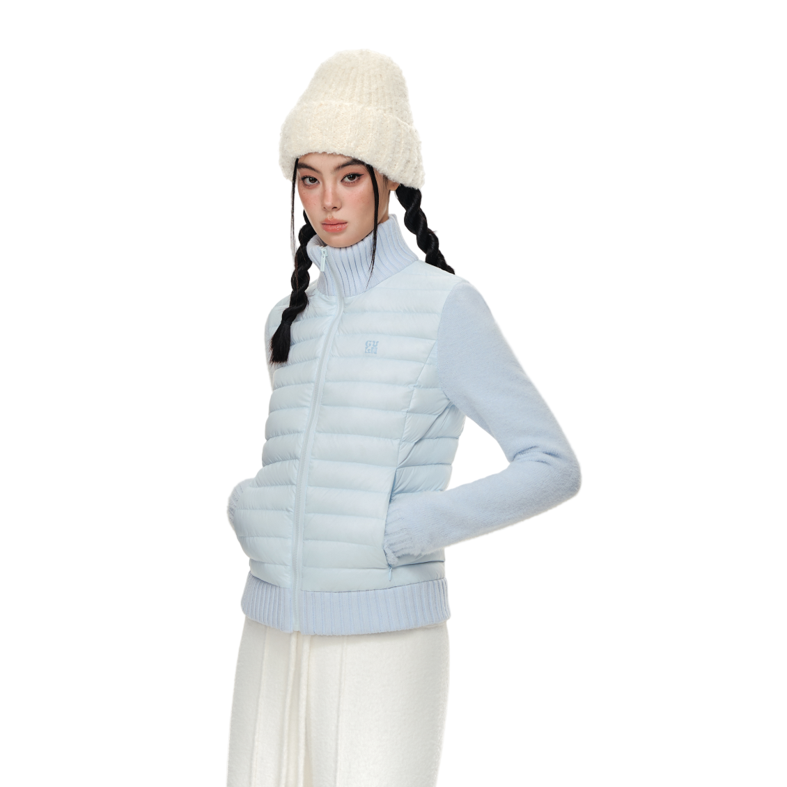 Blue Faux Mink Fur Knitted Patchwork Stand Collar Rib Down Jacket