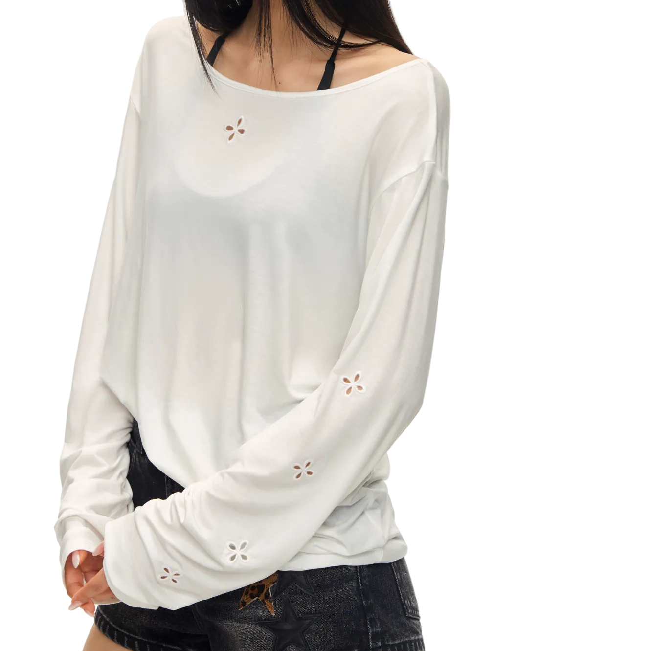White Lyocell Cross-Patterned Long-Sleeved Cover-up