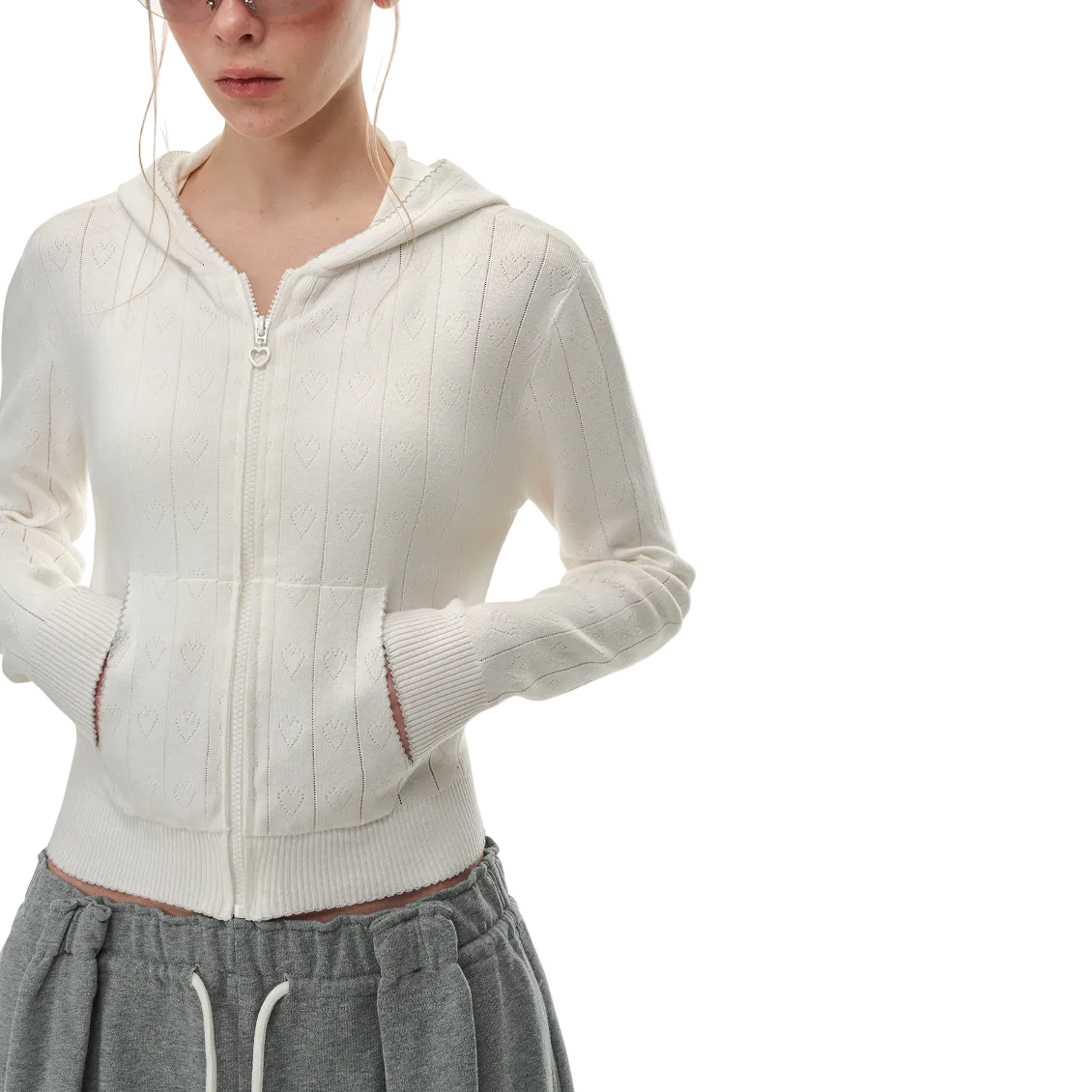 White Heart-Shaped Hooded Knit Cardigan