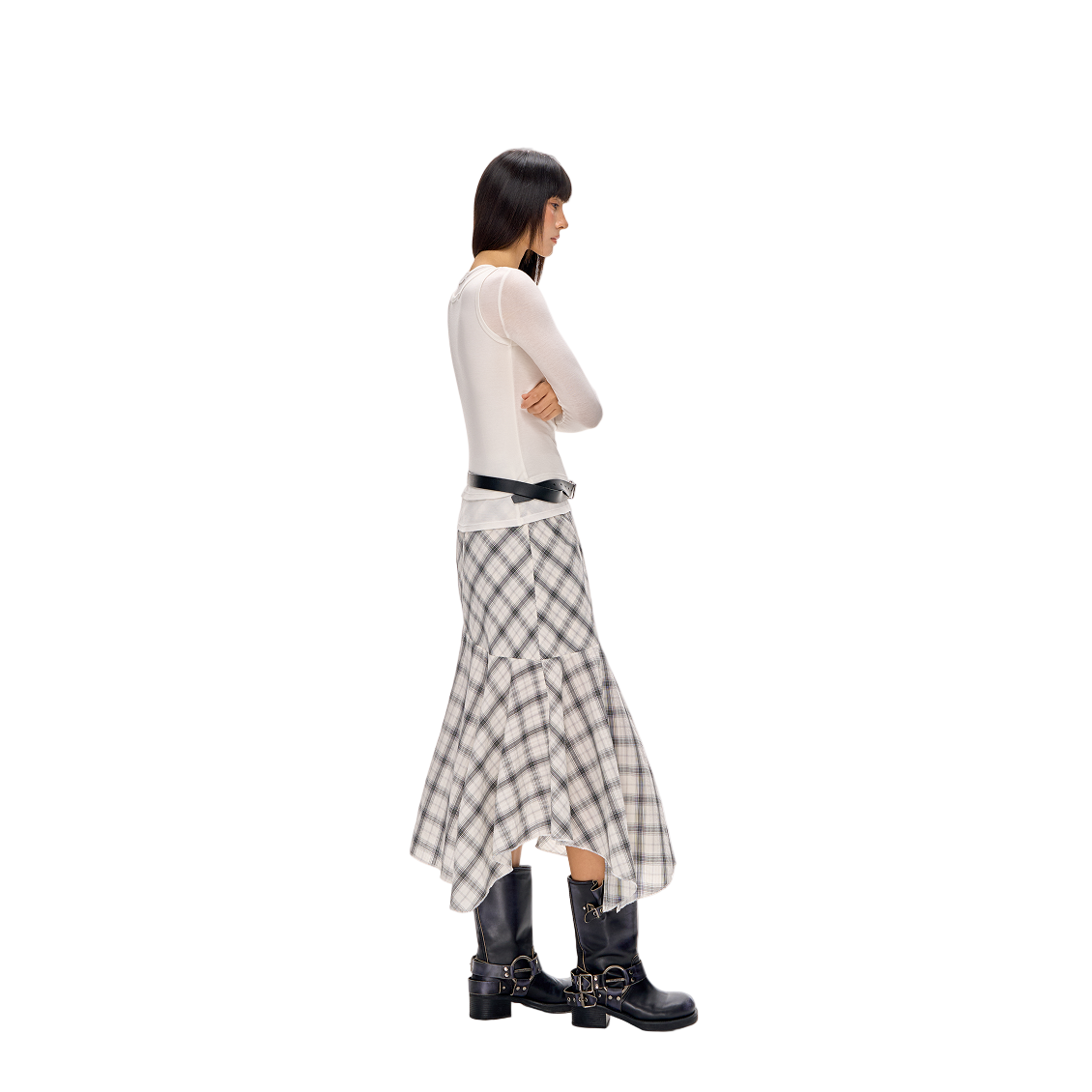 Black and White Bubble Check A-line Irregular Midi Skirt