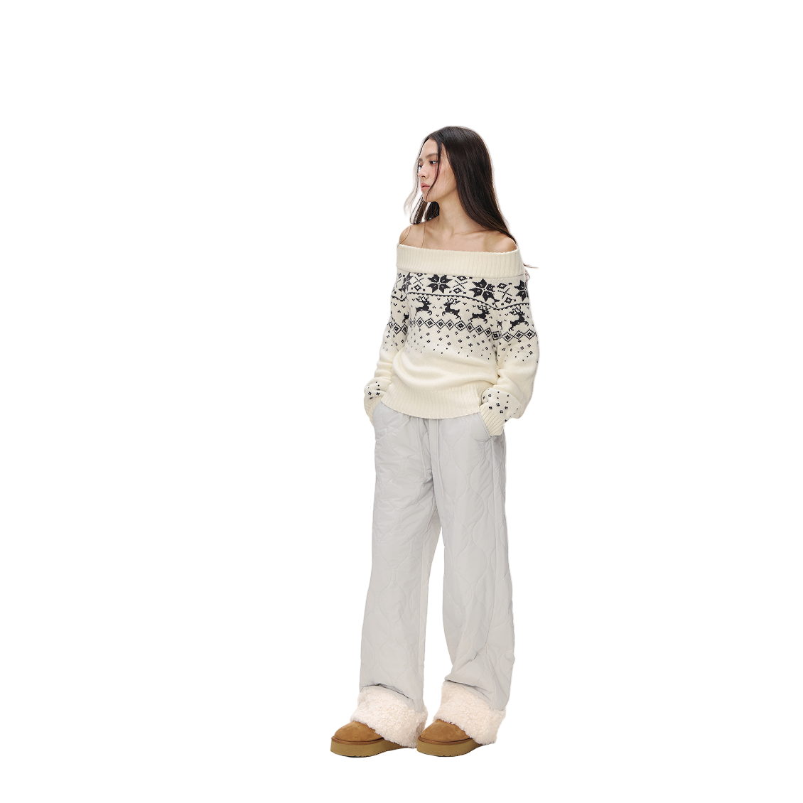 Beige Off-Shoulder Fair Isle Australian Wool Jacquard Pullover Sweater