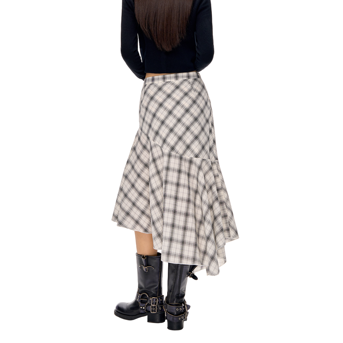 Black and White Bubble Check A-line Irregular Midi Skirt