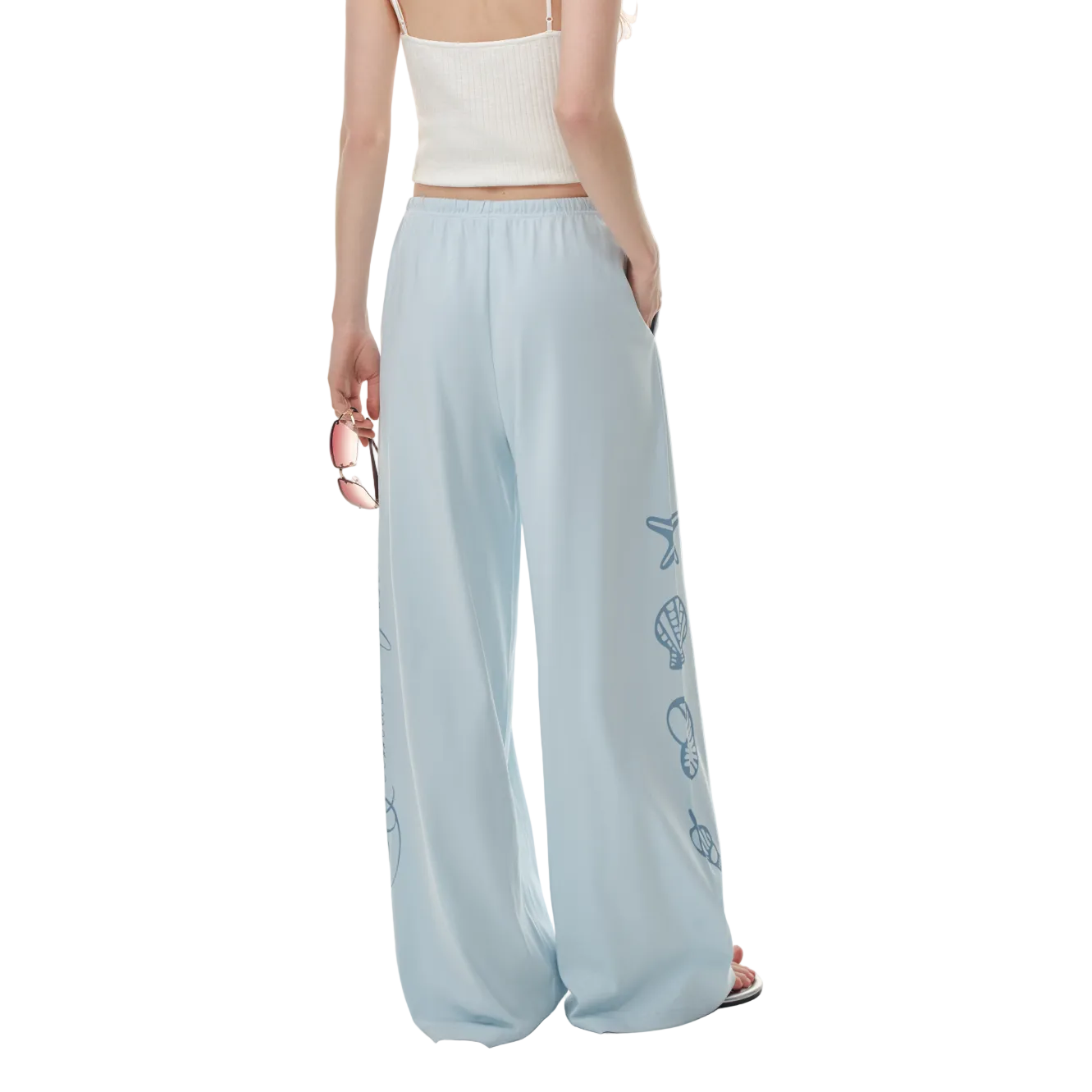 Blue Resort Style Shell Ocean Tencel Cotton Trousers