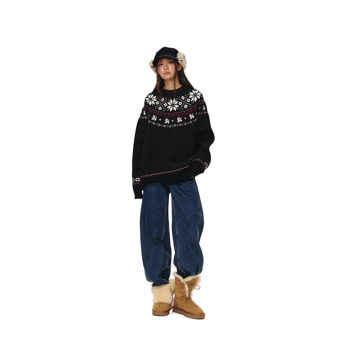 Black Fair Isle Jacquard Crew Neck Sweater