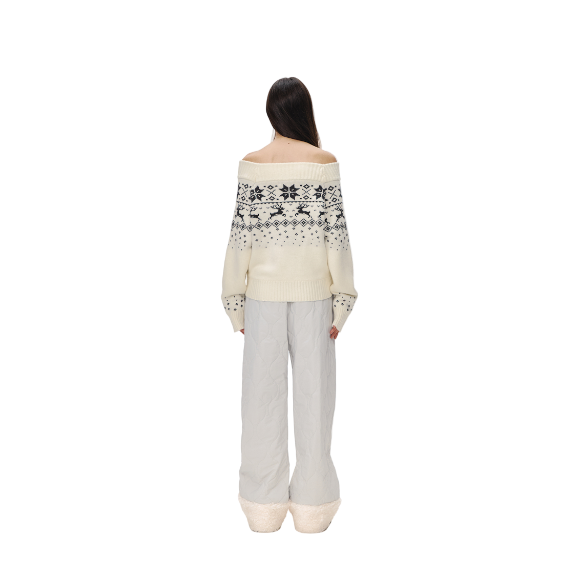 Beige Off-Shoulder Fair Isle Australian Wool Jacquard Pullover Sweater
