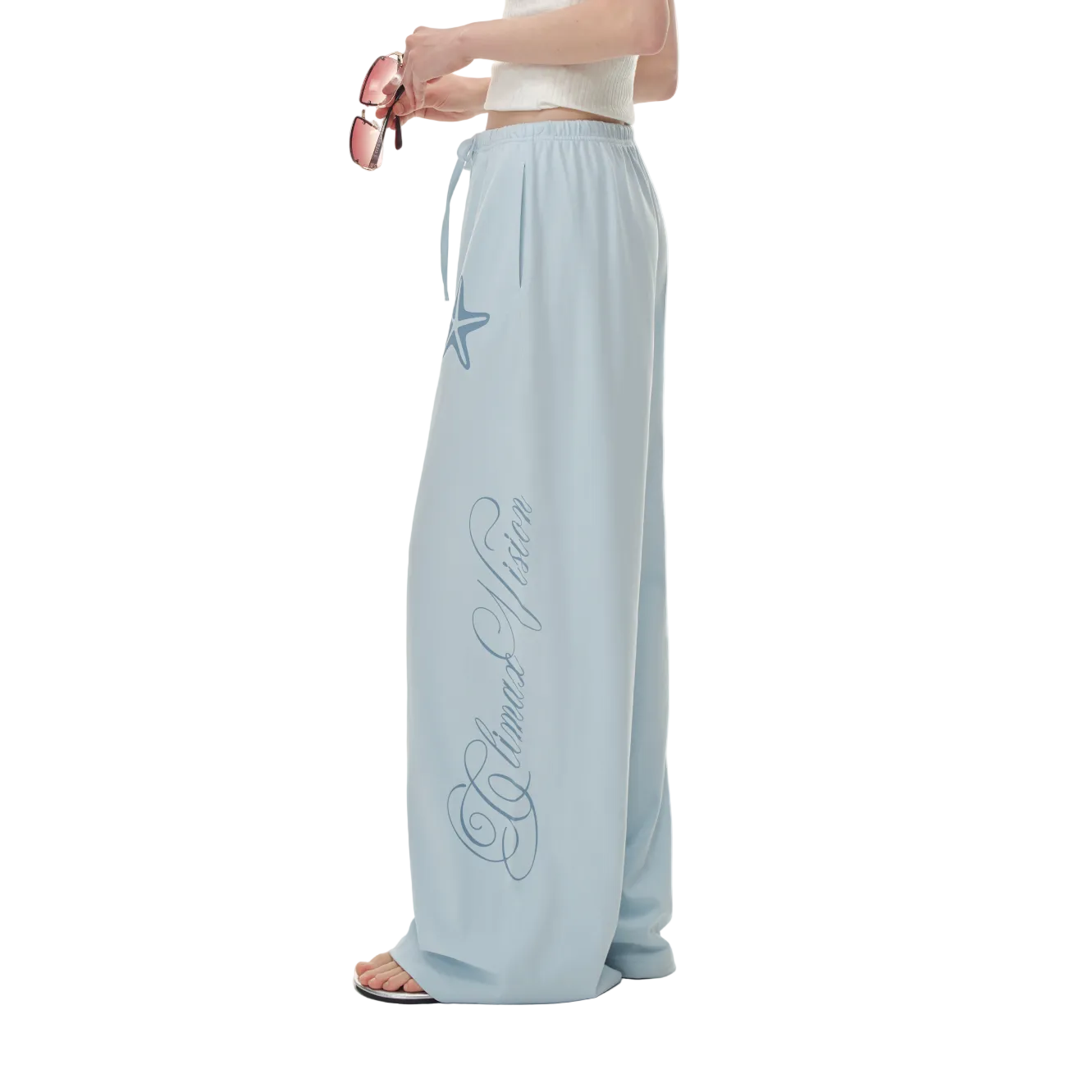 Blue Resort Style Shell Ocean Tencel Cotton Trousers