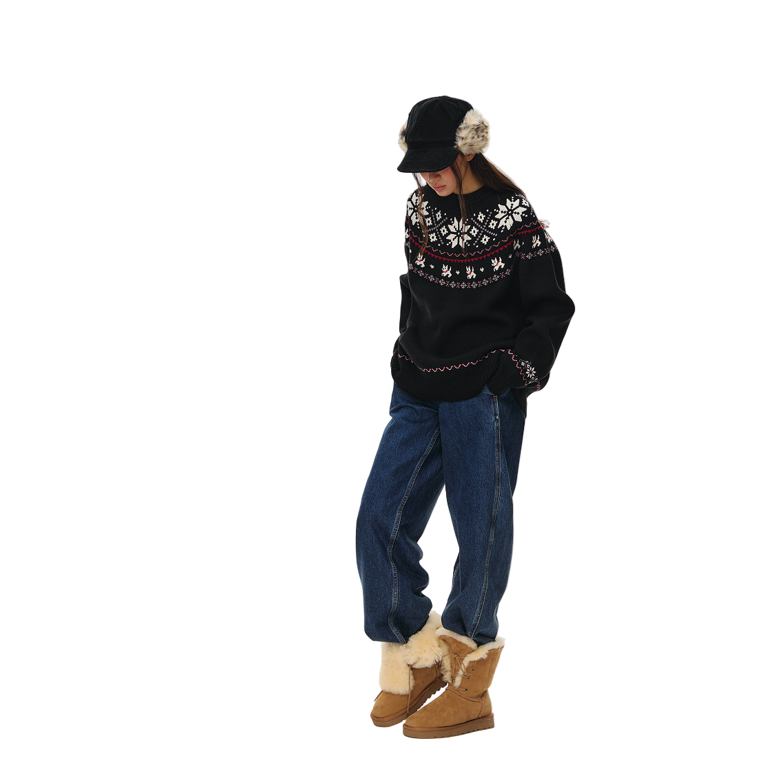 Black Fair Isle Jacquard Crew Neck Sweater