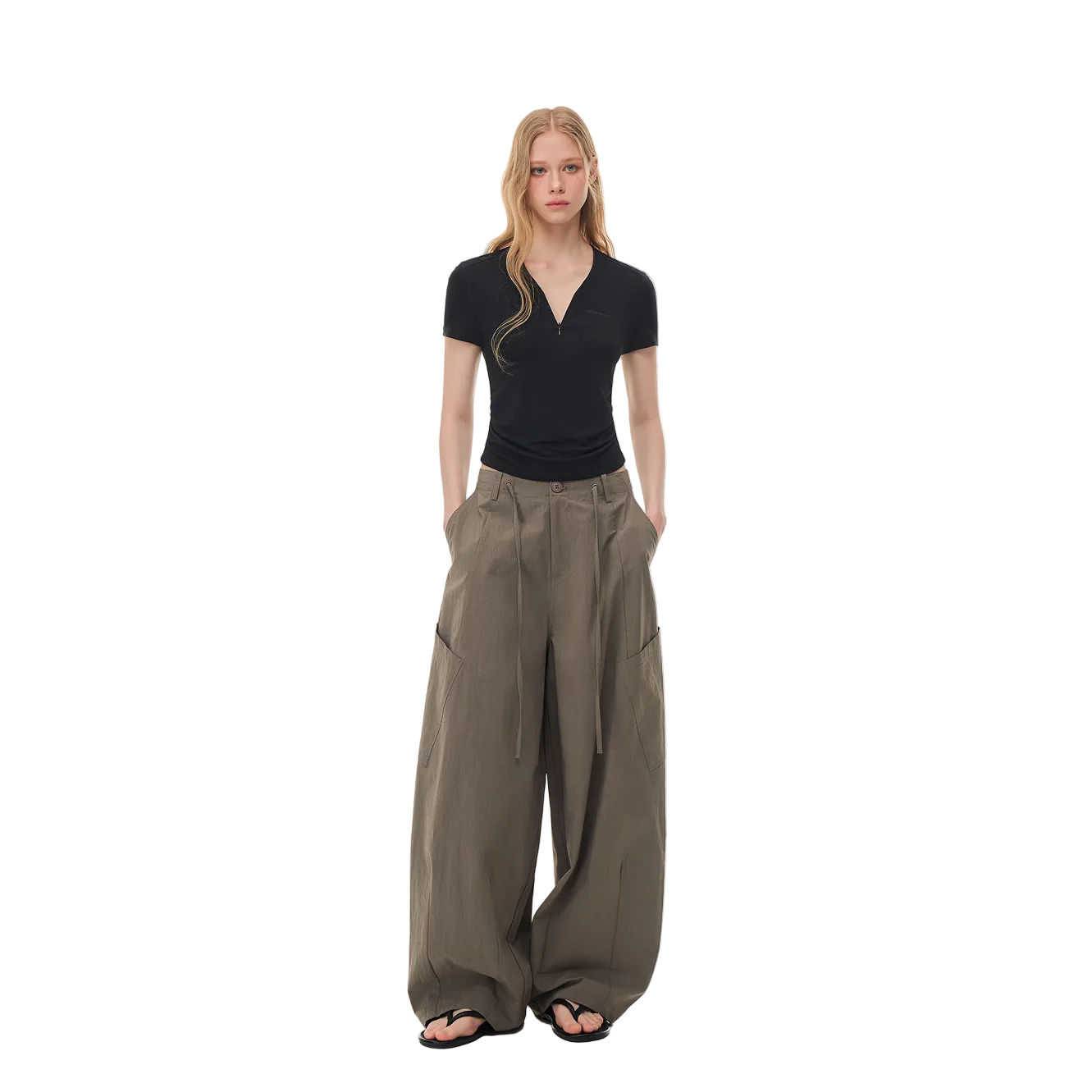 Grey Wide-Leg Pants with Large Patch Pockets