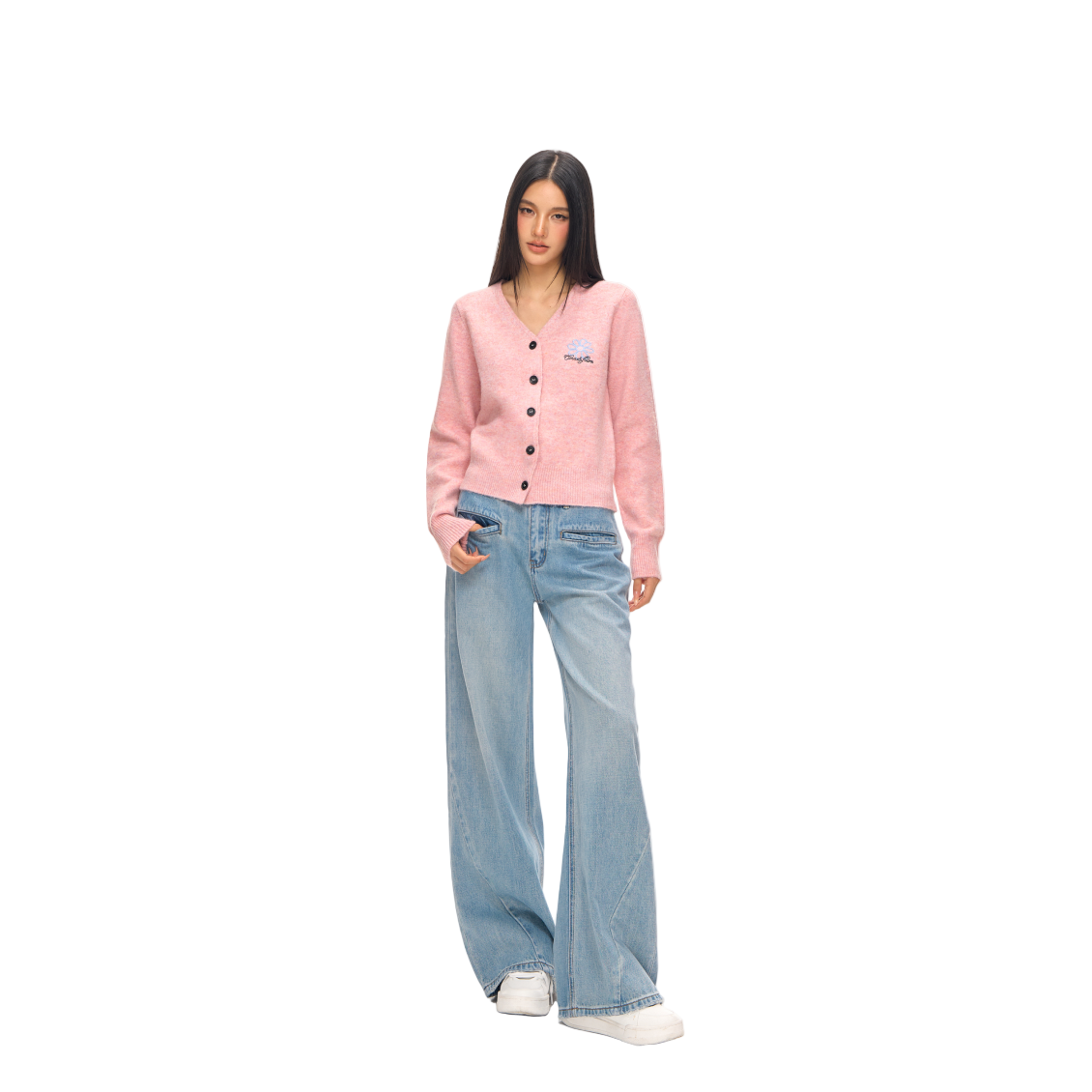 Daisy Embroidered V-Neck Knitted Cardigan In Pink