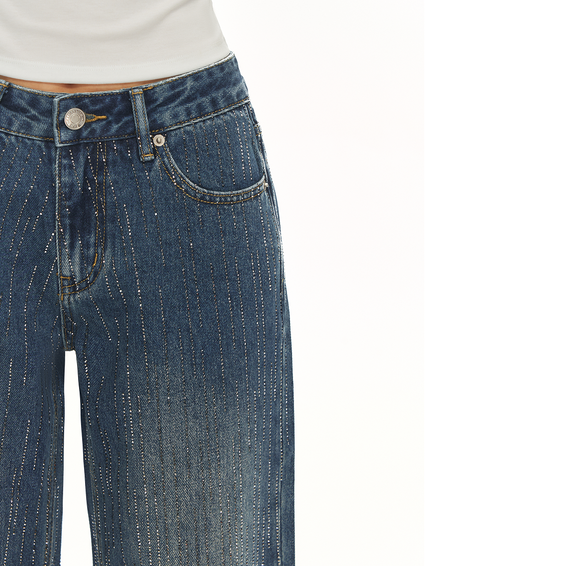 Dark Blue Rhinestone Mid-Low Rise Jeans