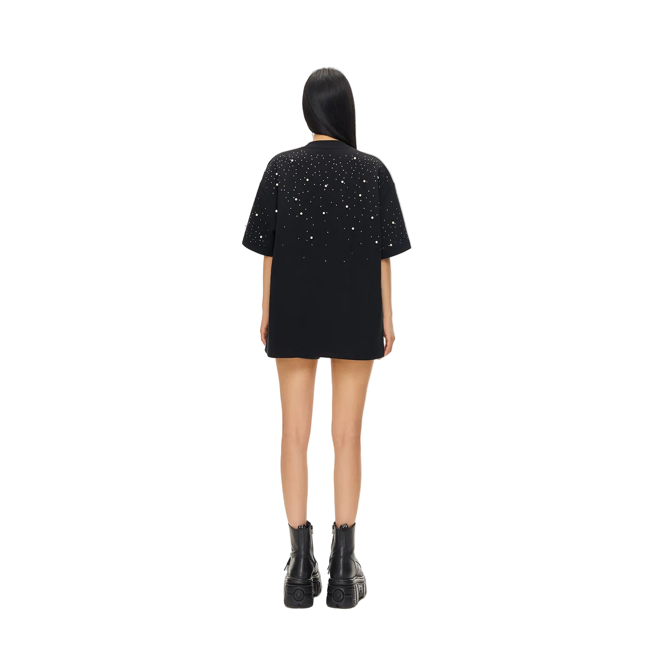 Black Air Cotton Pearl Rhinestone Short-Sleeve T-Shirt