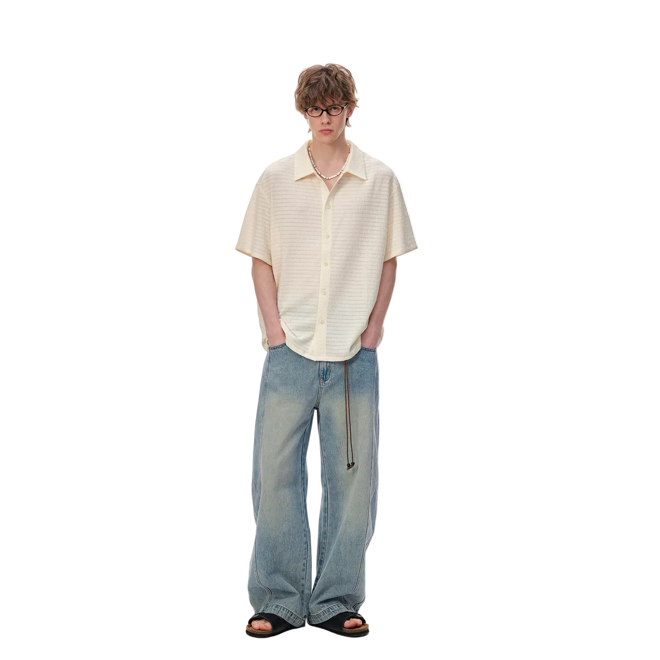 Beige Embossed Striped Short-Sleeve Shirt