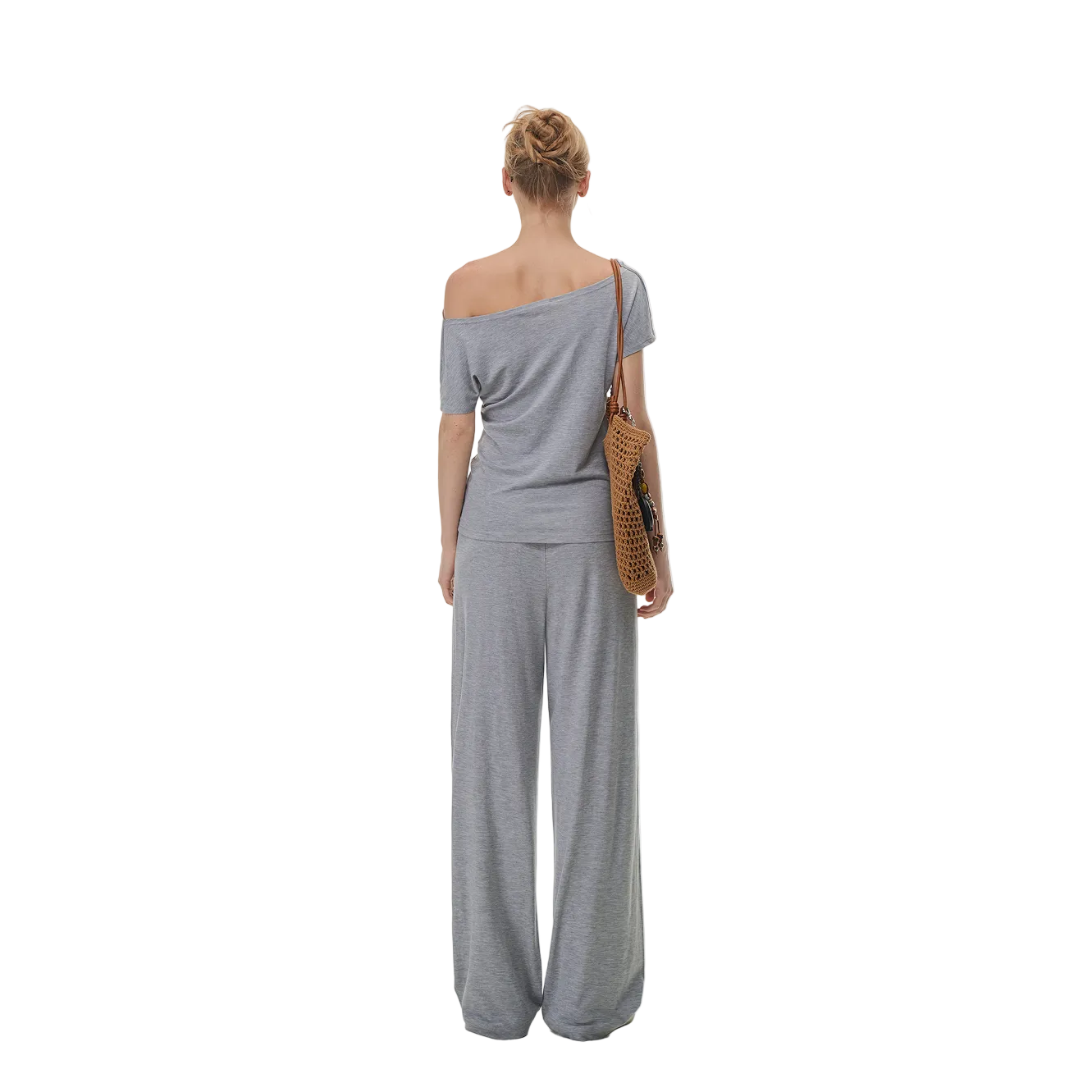 Grey Lyocell Duffle Collar Off-Shoulder Short Sleeve