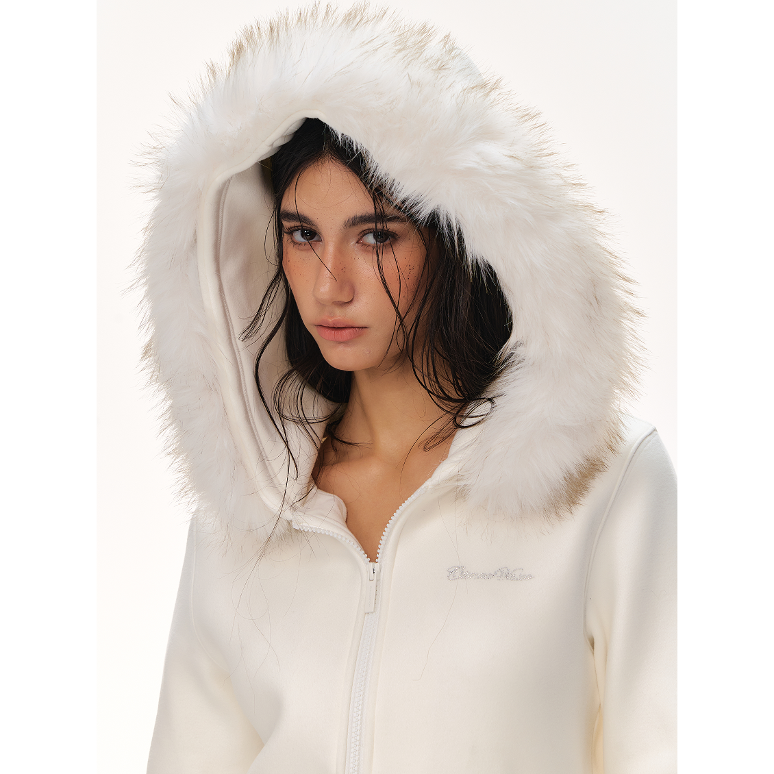 White Double-Sided Fleece Hooded Jacket with Detachable Fur Collar