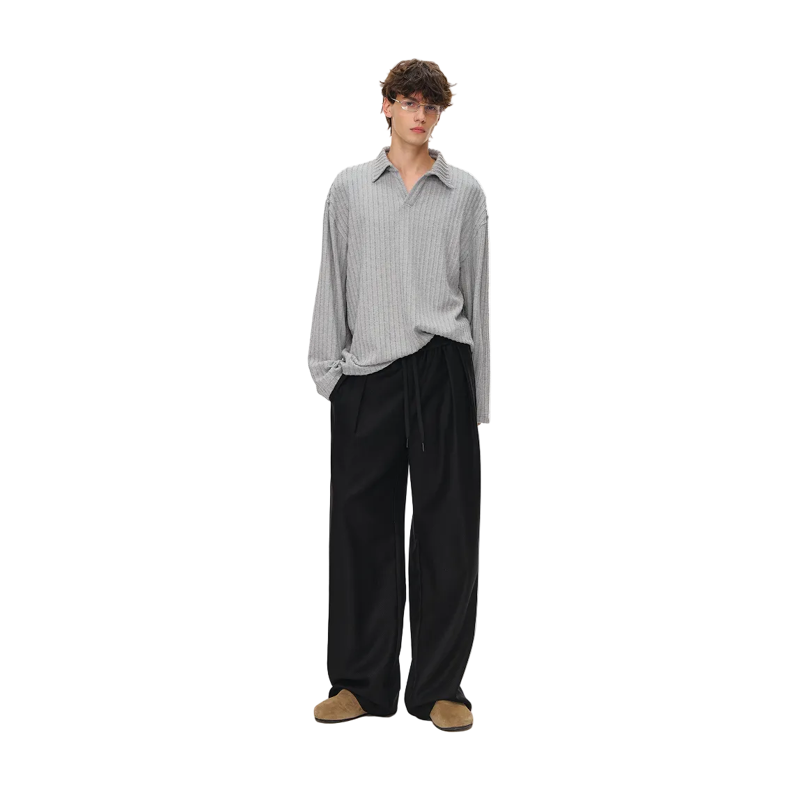 Black Twill Pleated Wide-Size Trousers