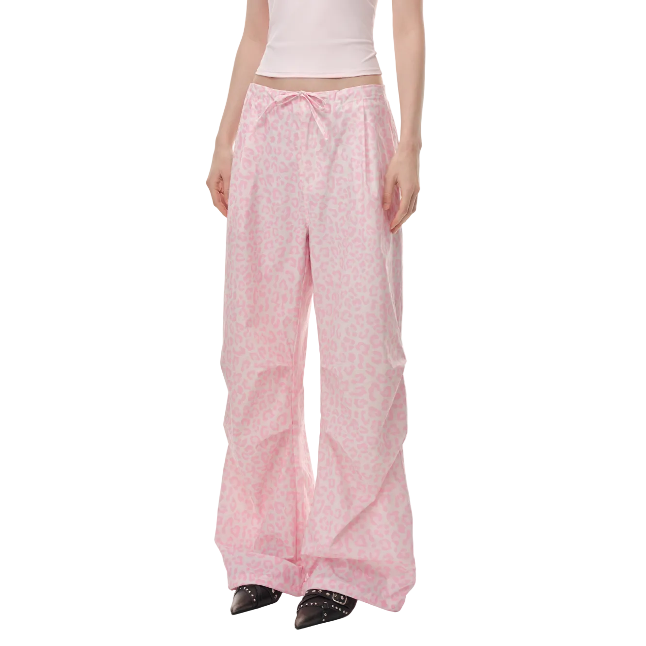 Pink Leopard Print Drawstring Pleated Straight-leg Paratrooper Pants