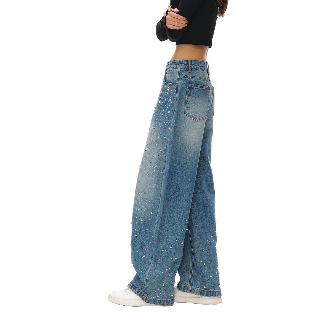 Dark Blue Rhinestone And Pearl Flare Jeans