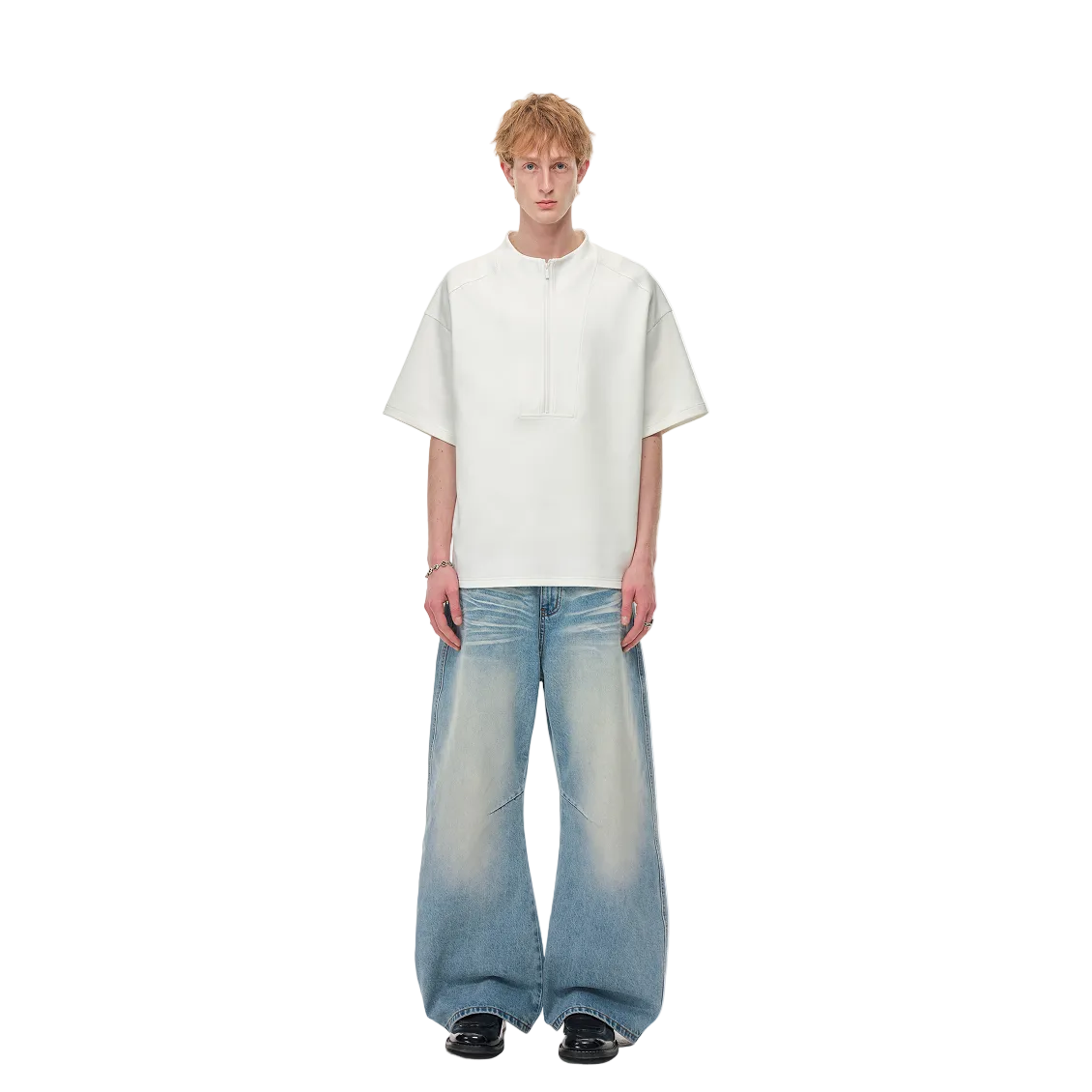 White Air Layer High Neck Zipper T-Shirt