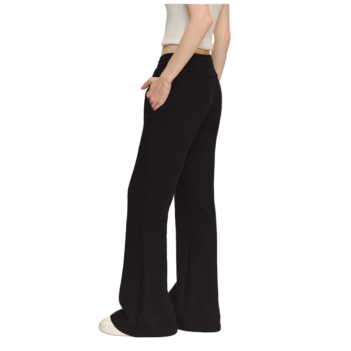 Black Knit Flared Mid-Low Rise Fleece-Lined Casual Sweatpants