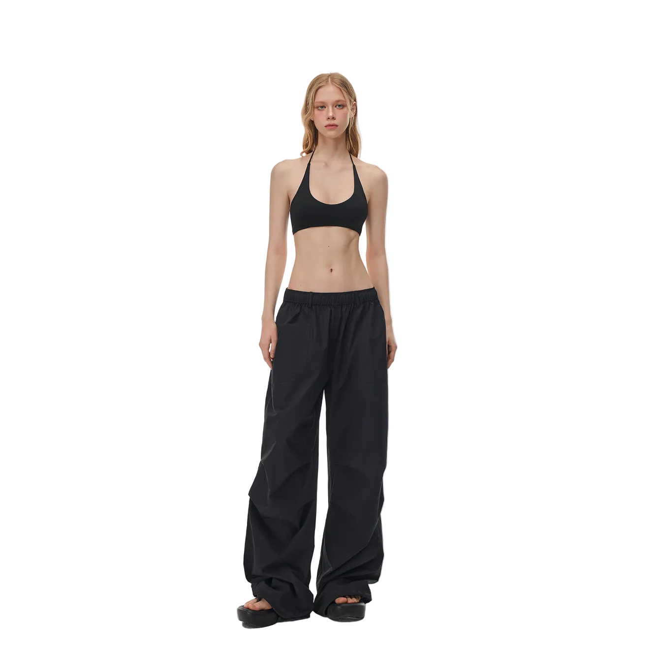Black High Elastic Halter Neck Tie-up Built-in Bra Tank Top