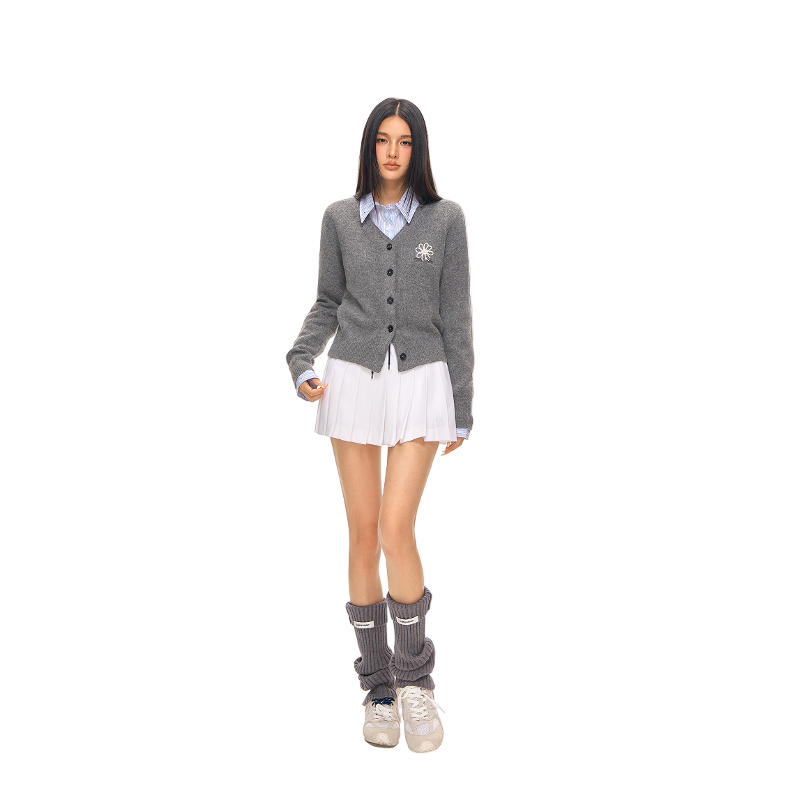 Daisy Embroidered V-Neck Knitted Cardigan In Dark Grey