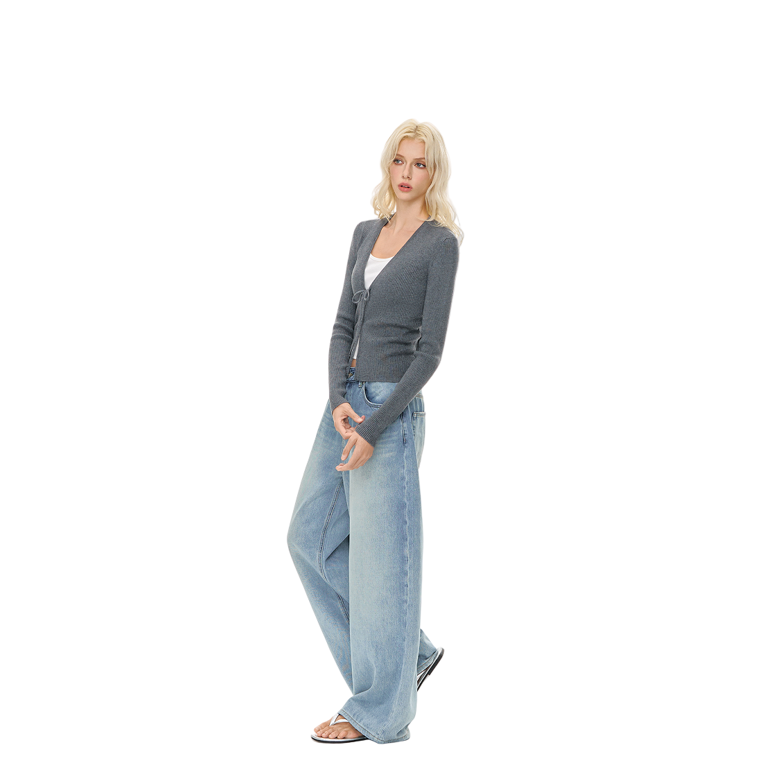 Gray Wool Blend V-Neck Lace-Up Knit Cardigan 