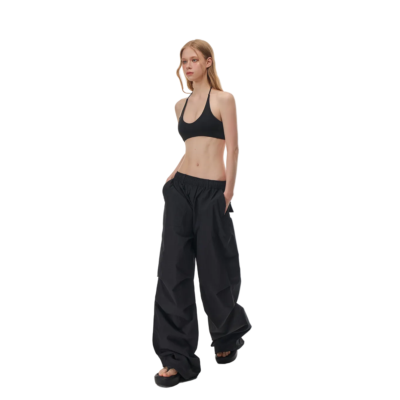 Black High Elastic Halter Neck Tie-up Built-in Bra Tank Top