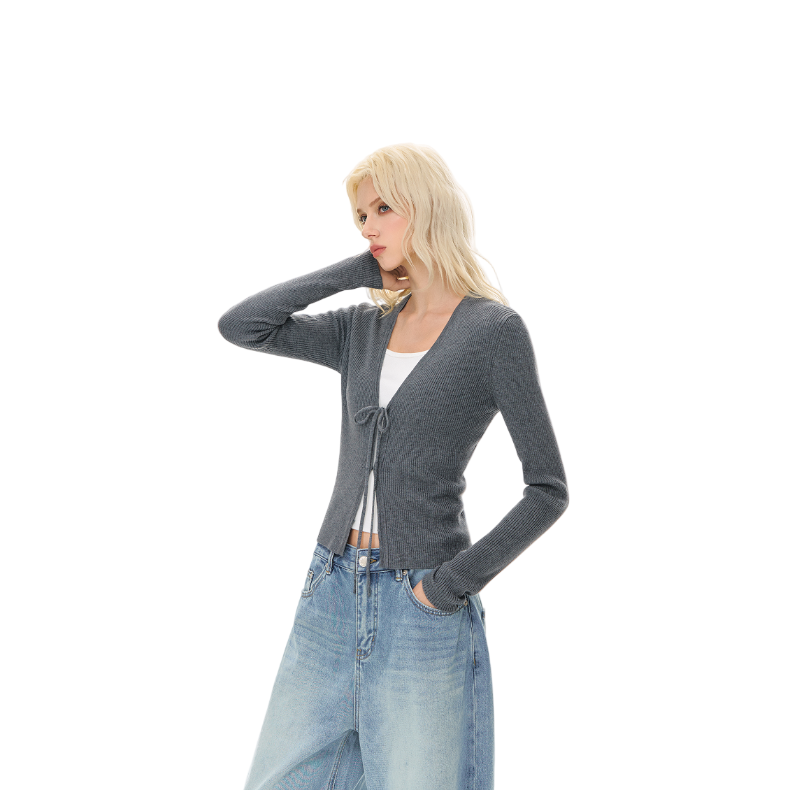 Gray Wool Blend V-Neck Lace-Up Knit Cardigan 