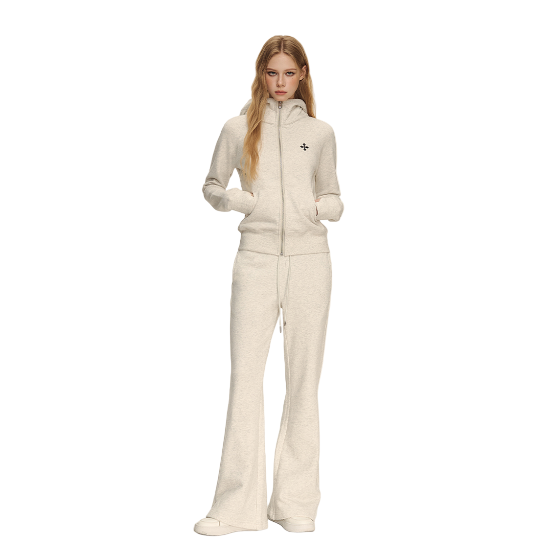 Beige Knitted Flared Mid-Low Rise Fleece-Lined Casual Sweatpants