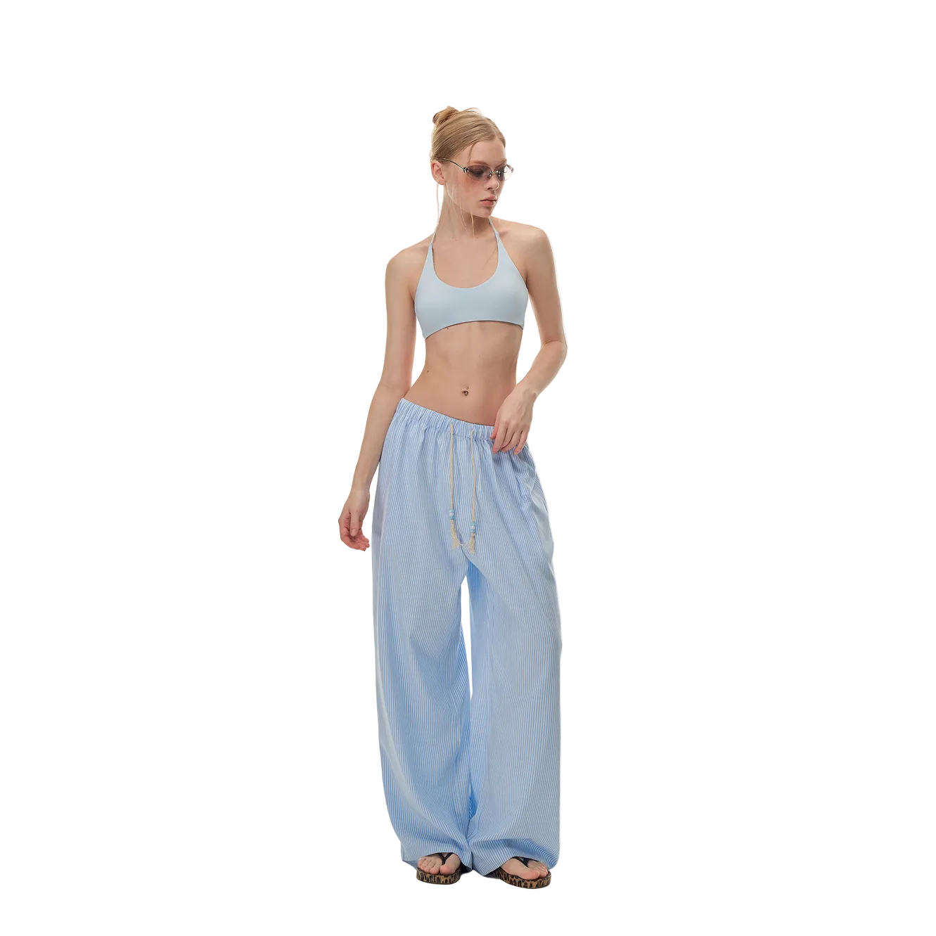 Blue High Elastic Halter Neck Tie-up Built-in Bra Tank Top