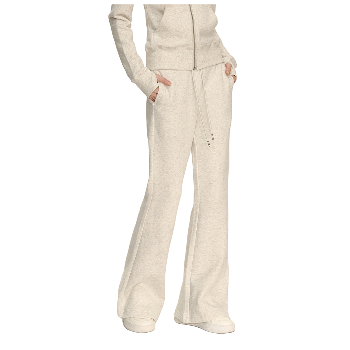 Beige Knitted Flared Mid-Low Rise Fleece-Lined Casual Sweatpants
