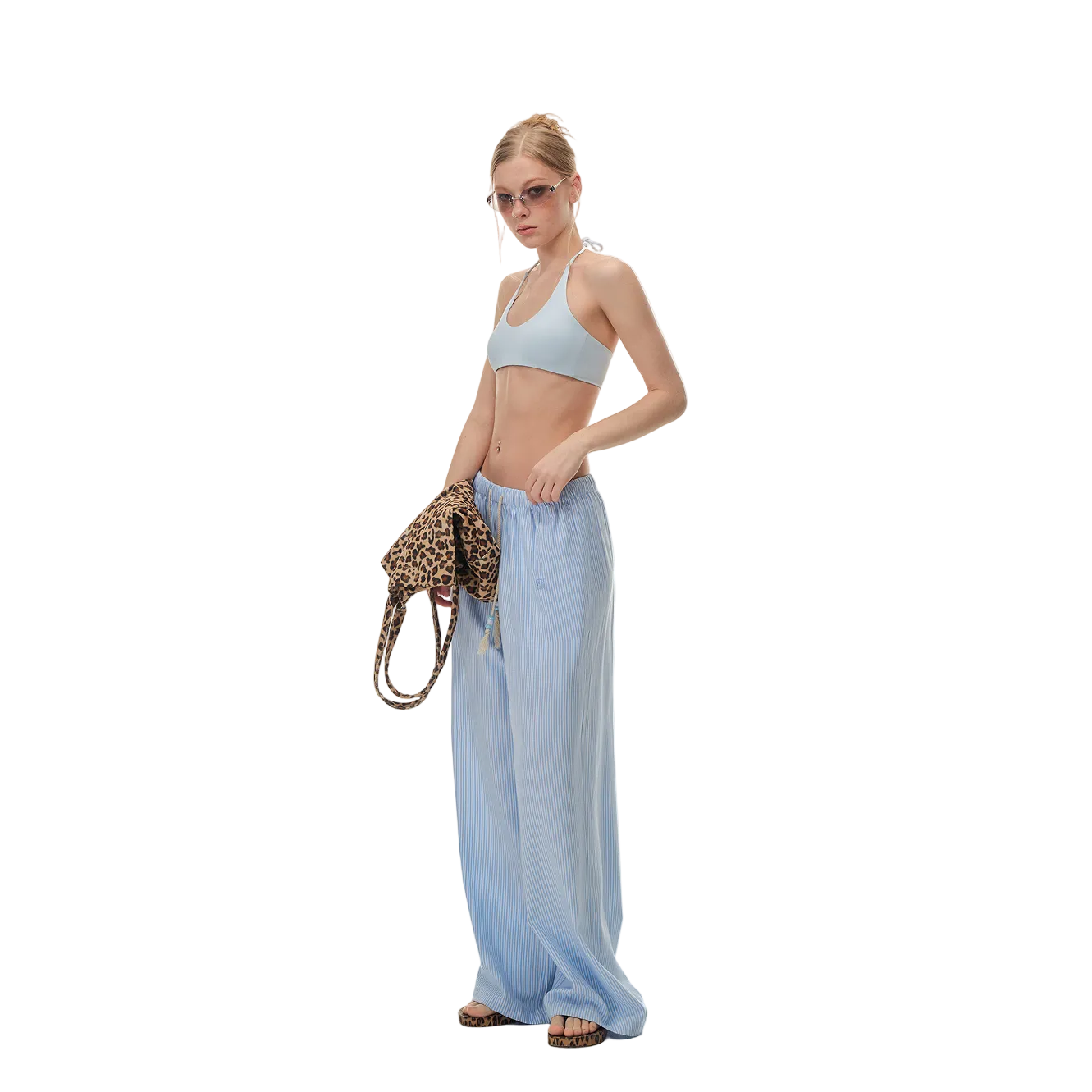 Blue High Elastic Halter Neck Tie-up Built-in Bra Tank Top