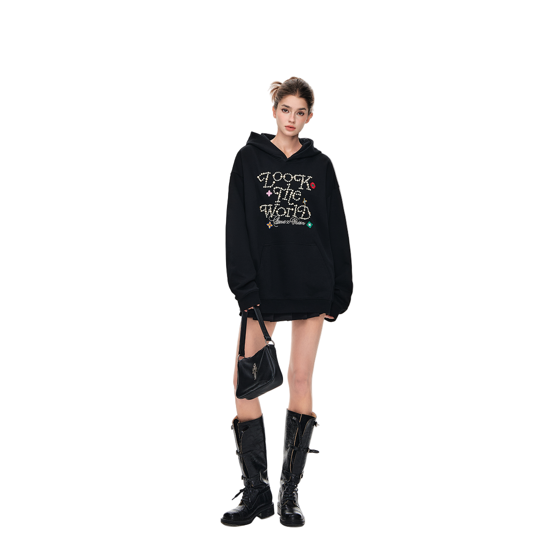 Pearl Letter Embroidered Flower Hoodie In Black
