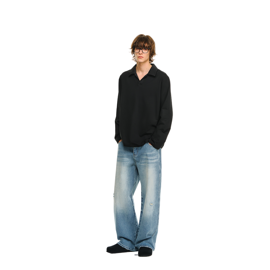 Black Cuban Shirt Collar Casual Loose Long Sleeves