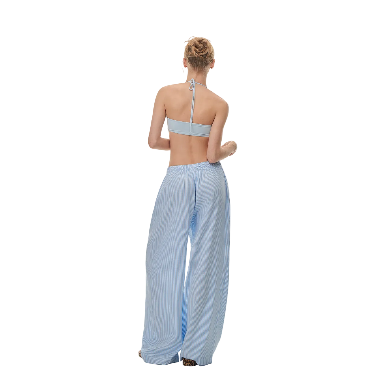 Blue High Elastic Halter Neck Tie-up Built-in Bra Tank Top