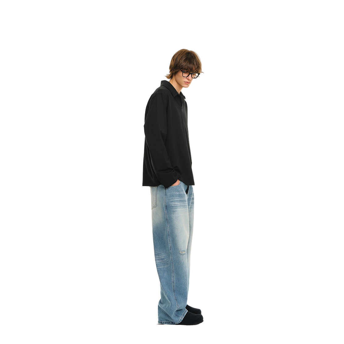 Black Cuban Shirt Collar Casual Loose Long Sleeves