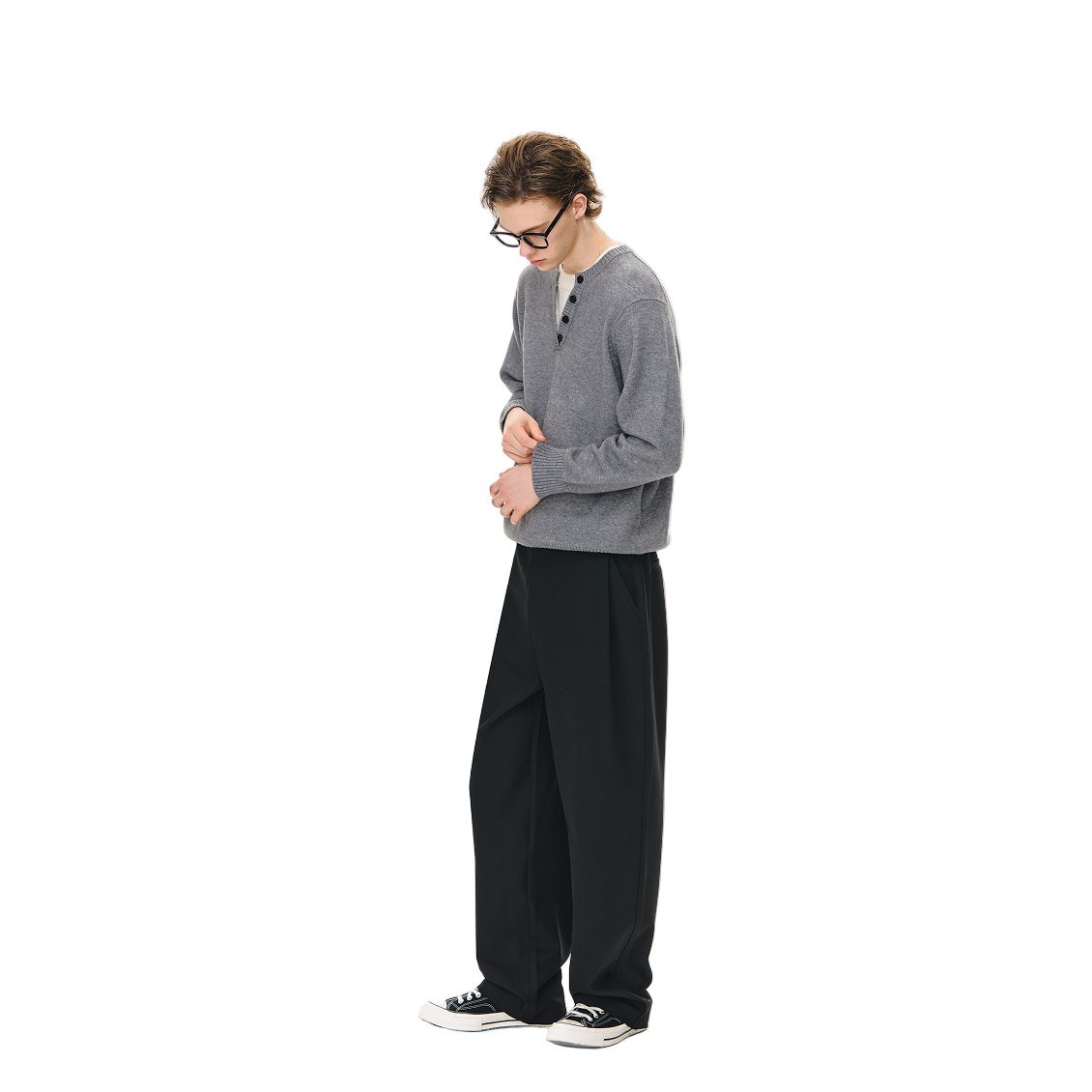 Black 3D Pleated Twill Casual Straight Trousers