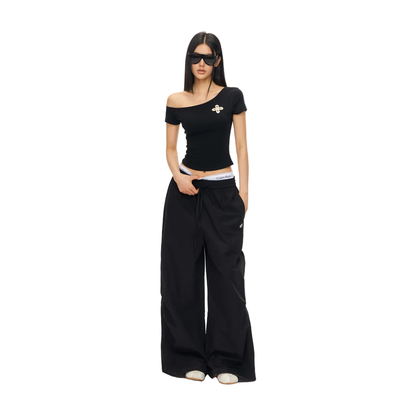 Black Cross Towel Embroidery Off-Shoulder Short Sleeve