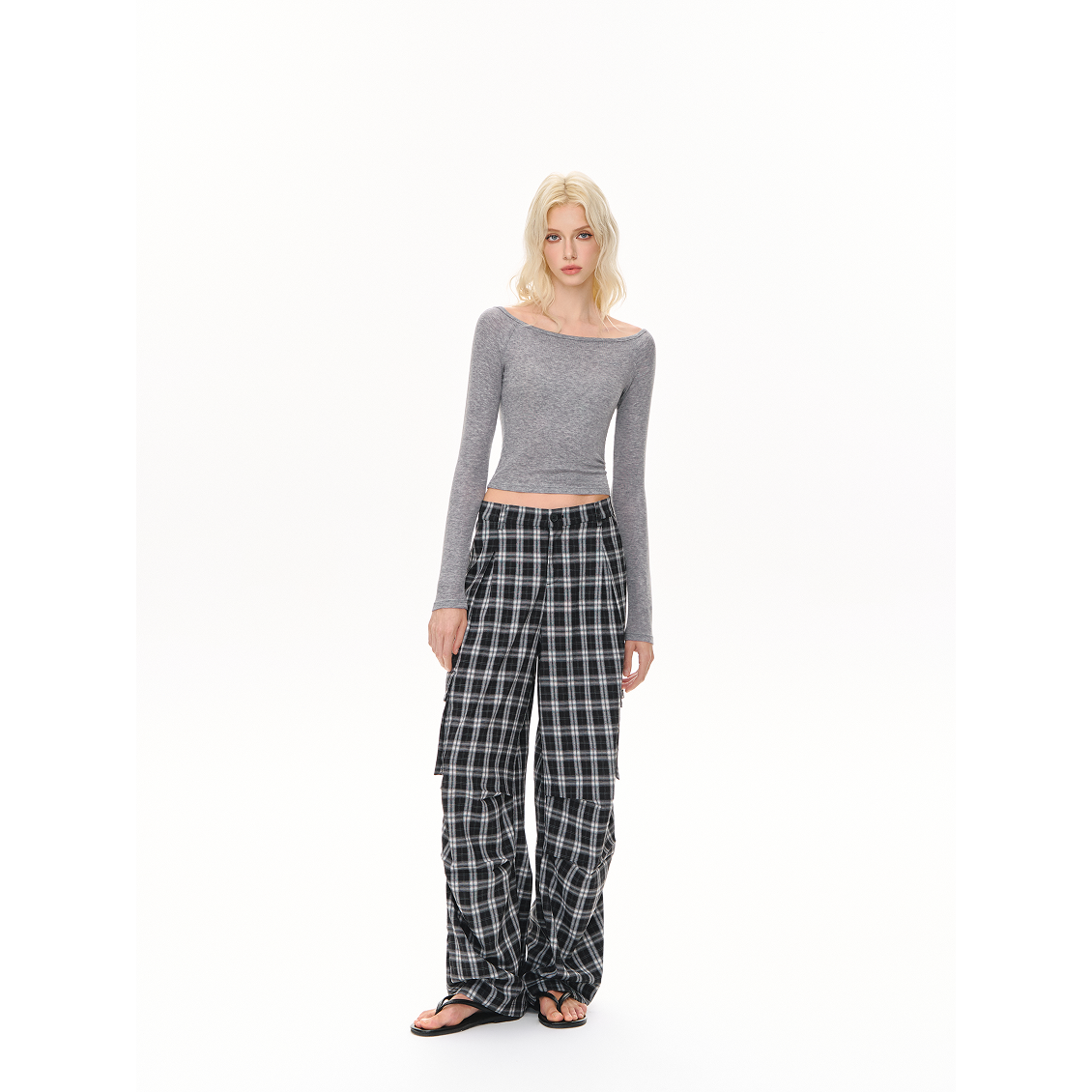 Drape Black and White Plaid Casual Straight Pants