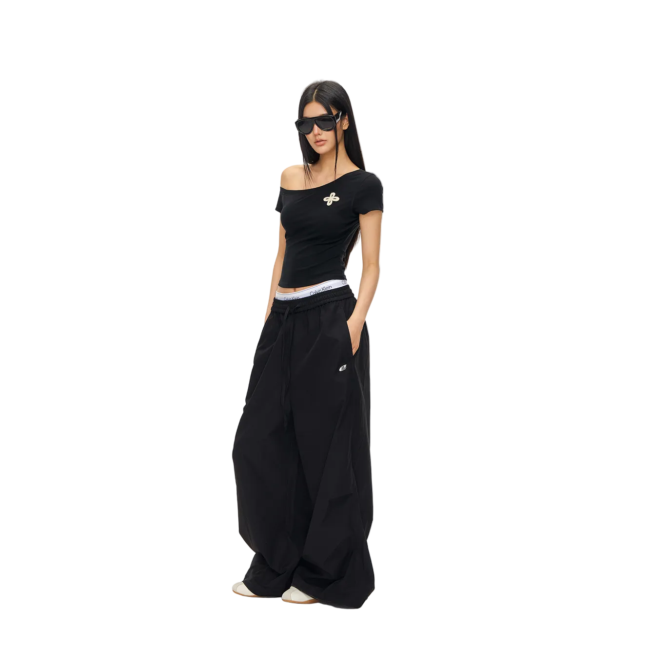 Black Cross Towel Embroidery Off-Shoulder Short Sleeve